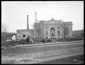 Distribution Department, Chestnut Hill Low Service Pumping Stations, front, from the north on reservoir embankment, Brighton, Mass., Dec. 13, 1899