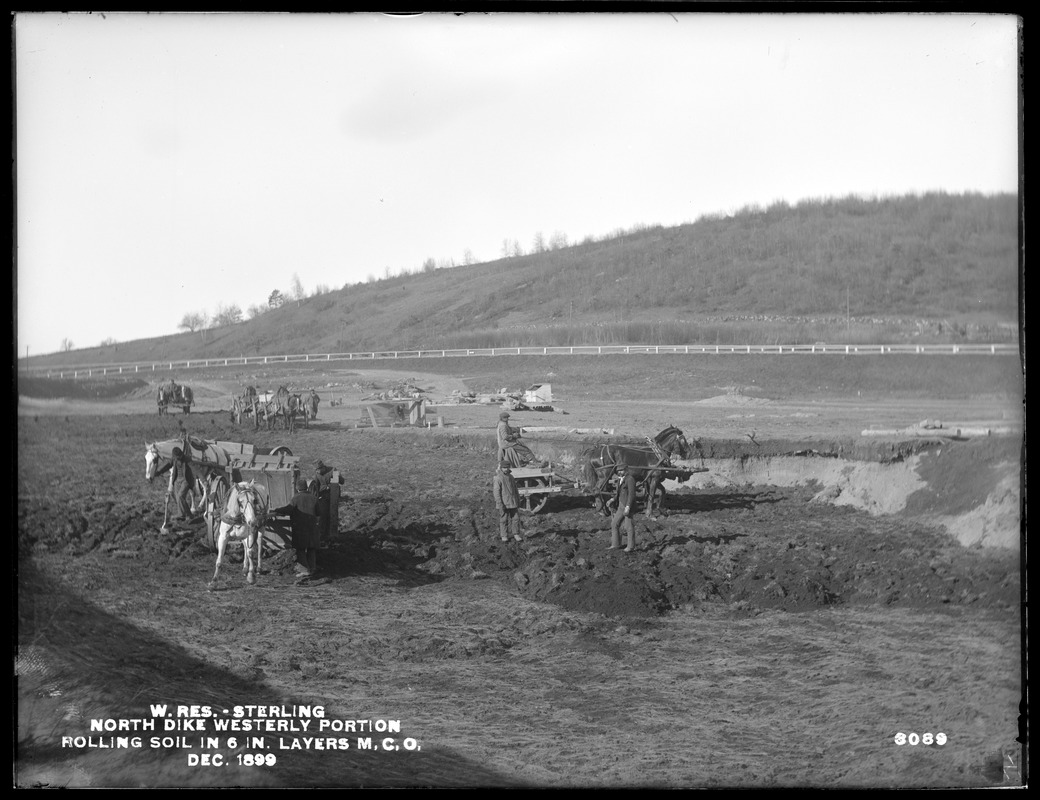 Wachusett Reservoir, North Dike, westerly portion, rolling soil in 6-inch layers, main cut-off trench, Sterling, Mass., Dec. 1899