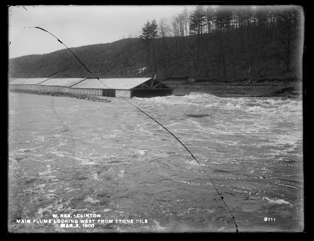 Wachusett Dam, main flume, looking west from stone pile, Clinton, Mass., Mar. 2, 1900