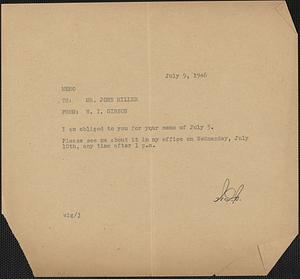 Memo from W. I. Gibson to Jack Miller, 1946 July 9