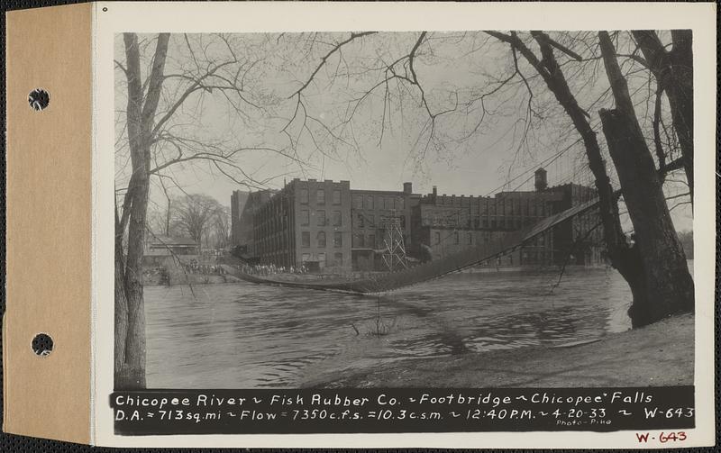 Chicopee River, Fisk Rubber Co., Footbridge, Chicopee Falls, drainage area = 713 square miles, flow = 7350 cubic feet per second = 10.3 cubic feet per second per square mile, Chicopee, Mass., 12:40 PM, Apr. 20, 1933