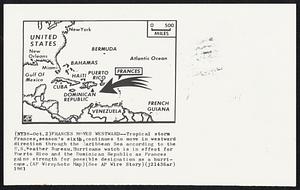 Frances Moves Westward--Tropical storm Frances, season's sixth, continues to move in westward direction through the Caribbean Sea according to the U.S. Weather Bureau. Hurricane watch is in effect for Puerto Rico and the Dominican Republic as Frances gains strength for possible designation as a hurricane.