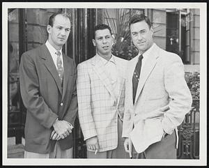 Scalp Seekers, but they'll have to be more successful than they were last night, are these three Indians from Cleveland, (left to right) George Strickland, Joe Ginsberg) and Bob Kennedy. The Injuns themselves were scalped, 4-2, by the Red Sox last night. The two teams resumed festivities at Fenway Park today.
