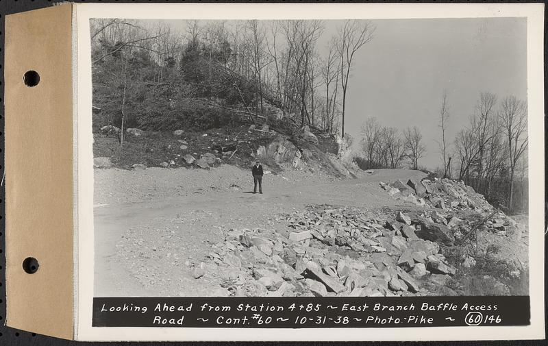 Contract No. 60, Access Roads to Shaft 12, Quabbin Aqueduct, Hardwick and Greenwich, looking ahead from Sta. 4+85, Greenwich and Hardwick, Mass., Oct. 31, 1938