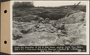 Contract No. 80, High Level Distribution Reservoir, Weston, ledge and excavation at site of gate house looking south from Sta. 892+15+/-, high level distribution reservoir, Weston, Mass., Sep. 6, 1939