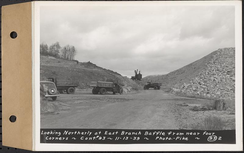 Contract No. 93, Completion of East Branch Baffle, Petersham (formerly in the Town of Greenwich), and Hardwick, looking northerly at east branch baffle from near four corners, Hardwick, Mass., Nov. 13, 1939