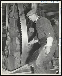 Long Pond. West Rutland, Mass. Morris Bean of Fitchburg, Mass. Removing the huge band saw for a sharp one. Do you remember?