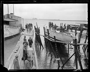 Hull of the racing yacht Yankee floated during remodeling at Lawley's in Neponset
