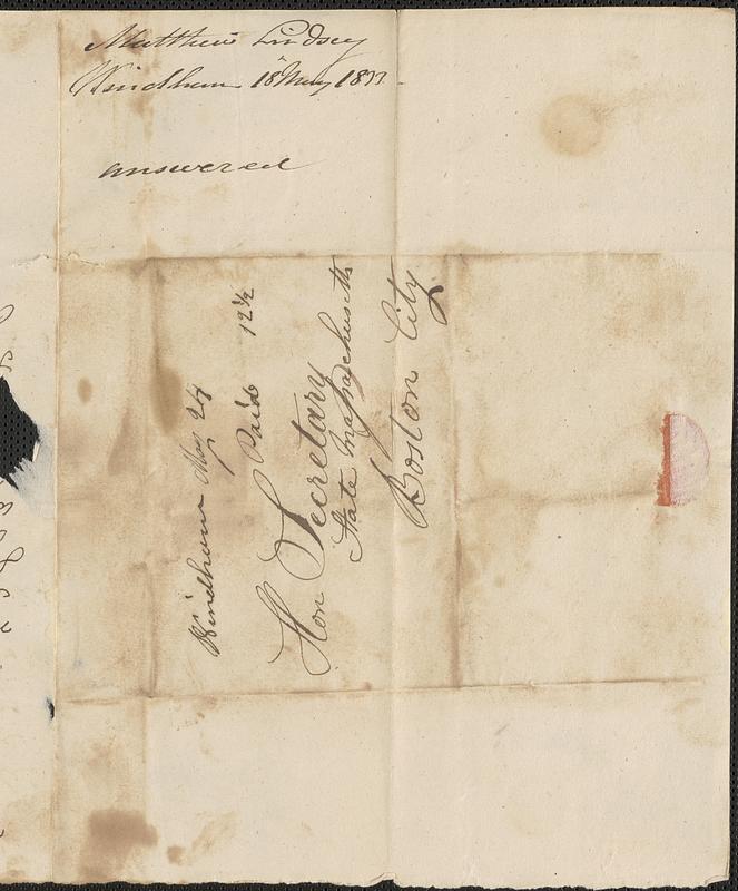 Matthew Lindsey to the Secretary of the Commonwealth, 18 May 1833 ...