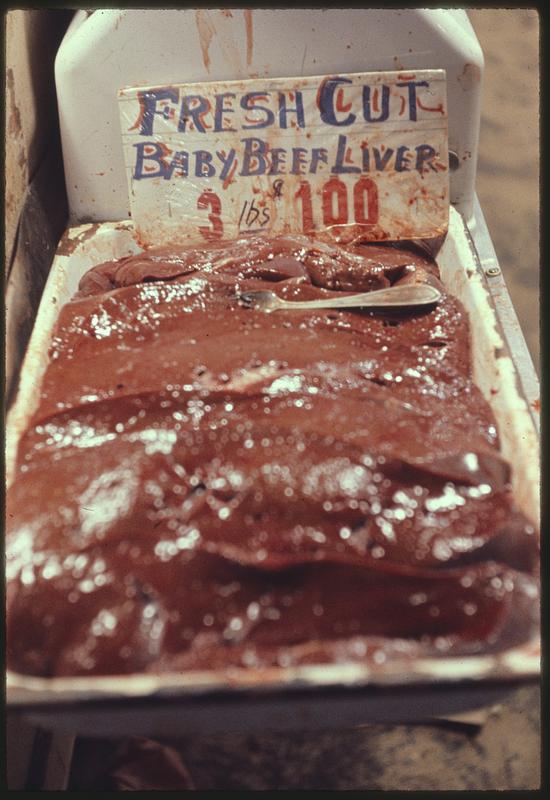 Meat for sale with label "Fresh Cut Baby Beef Liver" Digital Commonwealth