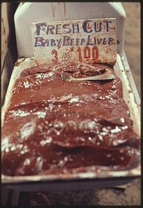 Meat for sale with label "Fresh Cut Baby Beef Liver"