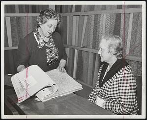 Rug Winner - Mrs. Winifred Boday, Seated, of 9 Mt. Vernon Rd., Waltham, salects a nylon rug which she won at New England Home Show. Mos. Dorothy Adams Abbe shows Adams & Swett material samples. The prize was awarded by the Boston rug firm.