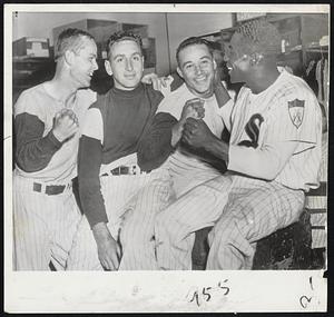 Upstart Chicago White Sox players who helped deal the Red Sox a double defeat in yesterday’s twi-night doubleheader are, left to right, Second Baseman Nelson Fox, Pitcher Saul Rogovin, Shortstop Chico Carrasquel and Outfielder Orestes Minoso. Rogovin shut out the Red Sox with two hits in the nightcap.