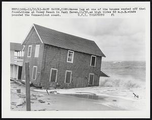 East Haven, Conn: Waves lap at one of the houses washed off their foundations at Cosey Beach in East Haven, 11/30, as high tides 60 m.p.h. winds pounded the Connecticut coast.
