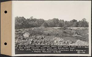 Contract No. 80, High Level Distribution Reservoir, Weston, photo no. 3 of a panoramic view looking northeast from a point 120 feet right of Sta. 3+60 showing spoil area and encircling dike, high level distribution reservoir, Weston, Mass., Sep. 19, 1939