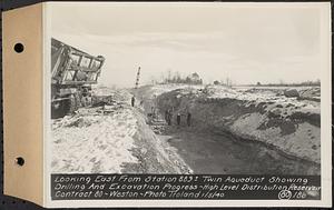 Contract No. 80, High Level Distribution Reservoir, Weston, looking east from Sta. 889+/- twin aqueduct showing drilling and excavation progress, high level distribution reservoir, Weston, Mass., Jan. 5, 1940