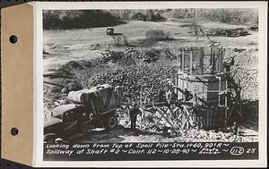 Contract No. 112, Spillway at Shaft 2 of Quabbin Aqueduct, Holden, looking down from top of spoil pile, Sta. 1+60, 90 feet right, spillway at Shaft 2, Holden, Mass., Oct. 28, 1940