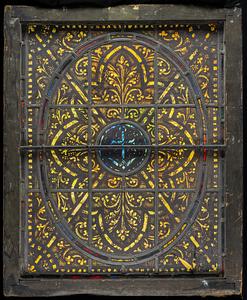 Unidentified window, nine panels, circle with anchor in the center, oval around