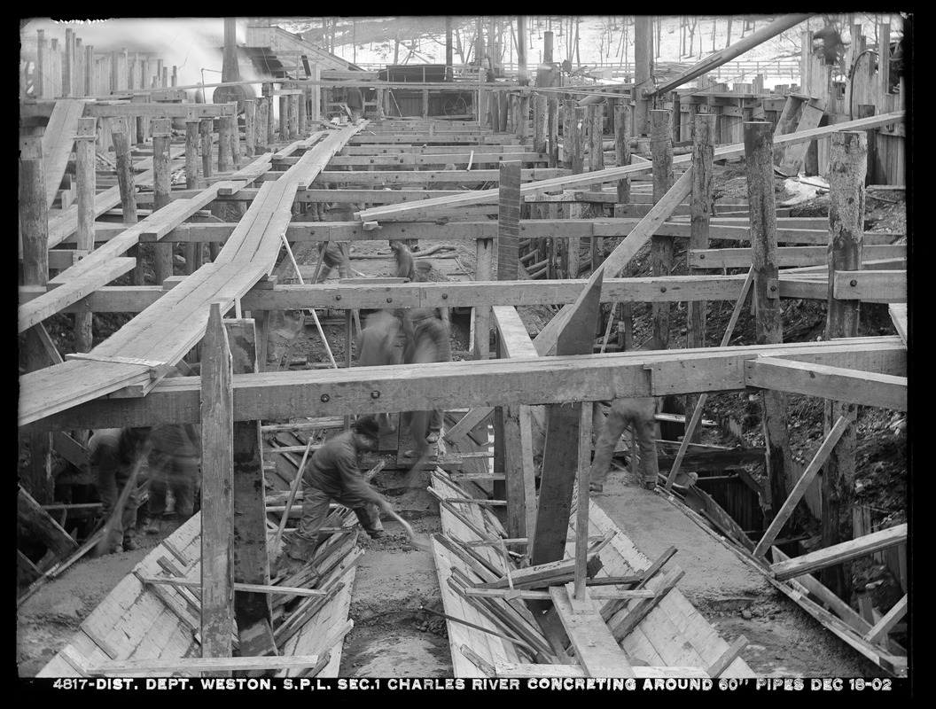 Distribution Department, supply pipe lines, Section 1, Charles River, concreting around 60-inch pipes, Weston, Mass., Dec. 18, 1902