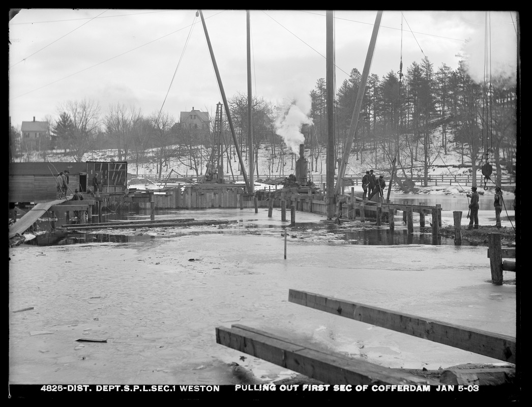 Distribution Department, supply pipe lines, Section 1, pulling out first section of cofferdam, Weston, Mass., Jan. 5, 1903
