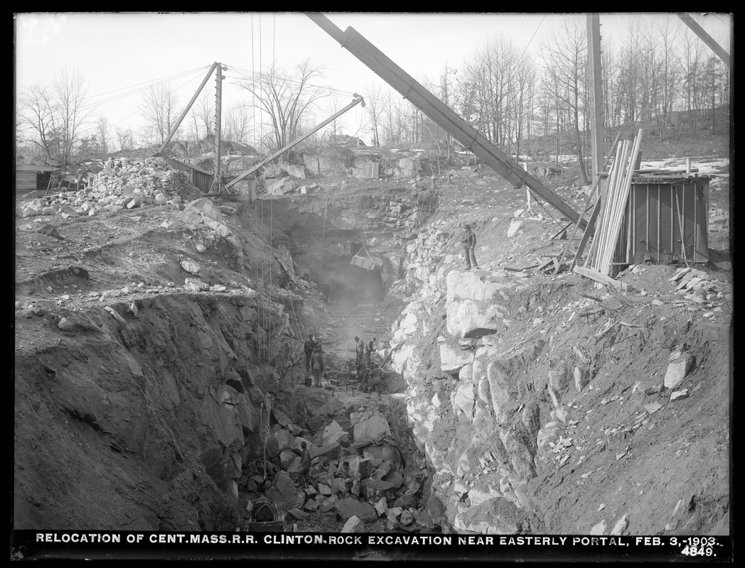 Relocation Central Massachusetts Railroad, rock excavation, near easterly portal, Clinton, Mass., Feb. 3, 1903