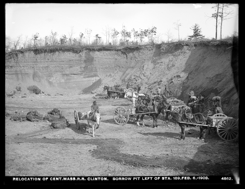 Wachusett Reservoir, relocation Central Massachusetts Railroad, borrow pit left of station 189, Clinton, Mass., Feb. 6, 1903