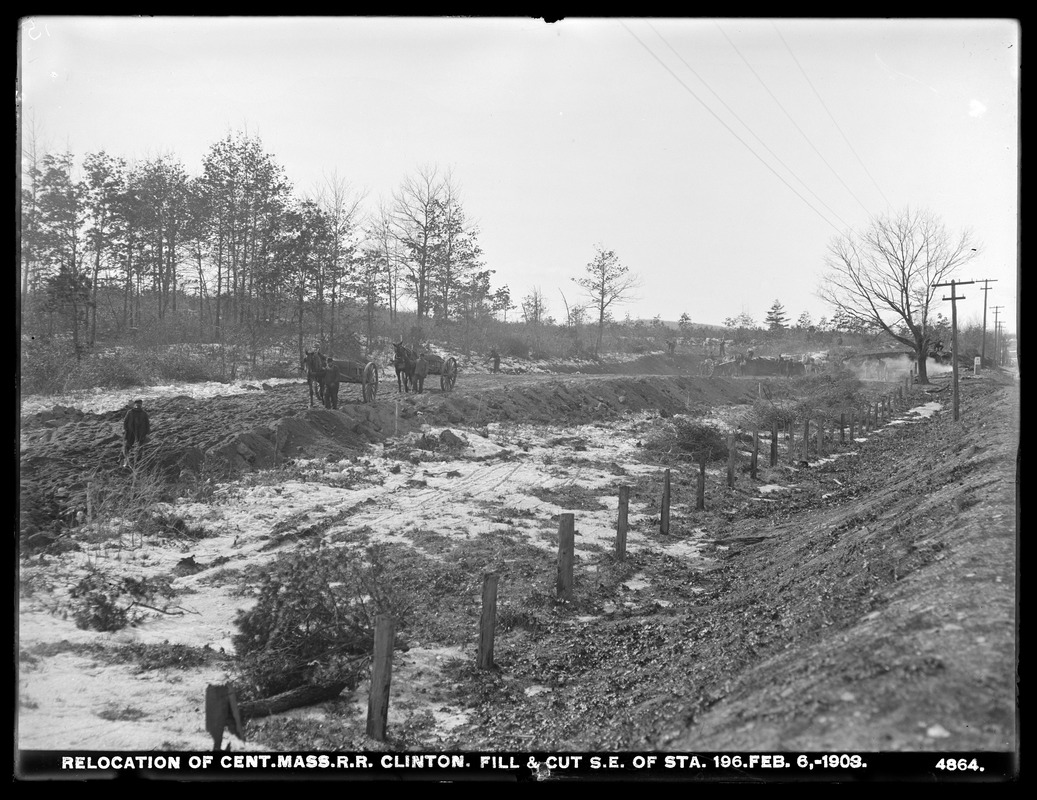 Wachusett Reservoir, relocation Central Massachusetts Railroad, fill and cut southeast of station 196, Clinton, Mass., Feb. 6, 1903