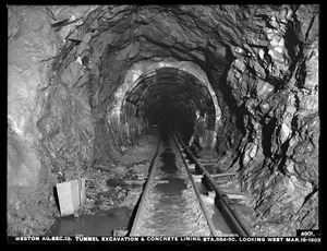Weston Aqueduct, Section 13, tunnel excavation and concrete lining, station 584+50, looking west, Weston, Mass., Mar. 18, 1903