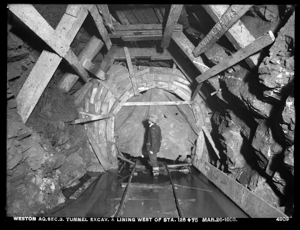 Weston Aqueduct, Section 3, tunnel excavation and lining, west of station 128+75, Framingham, Mass., Mar. 26, 1903