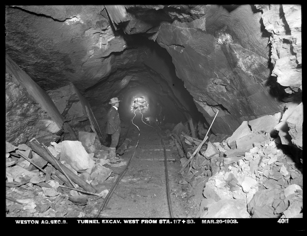 Weston Aqueduct, Section 3, tunnel excavation, west from station 117+30, Framingham, Mass., Mar. 26, 1903