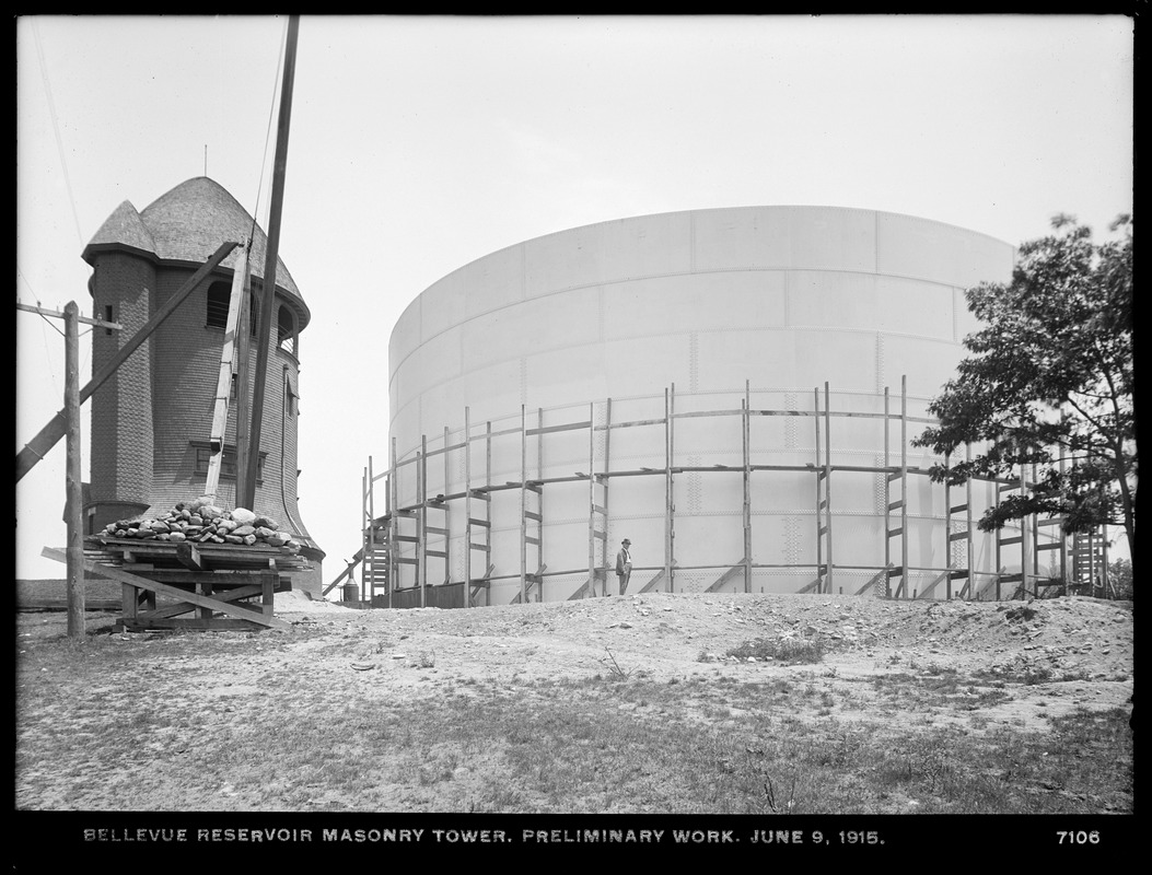 Distribution Department, Southern Extra High Service Bellevue Reservoir, masonry tower, preliminary work, Bellevue Hill, West Roxbury, Mass., Jun. 9, 1915