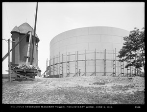 Distribution Department, Southern Extra High Service Bellevue Reservoir, masonry tower, preliminary work, Bellevue Hill, West Roxbury, Mass., Jun. 9, 1915