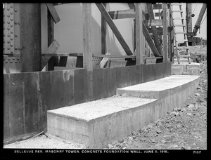 Distribution Department, Southern Extra High Service Bellevue Reservoir, masonry tower, concrete foundation wall, Bellevue Hill, West Roxbury, Mass., Jun. 9, 1915