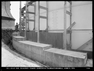 Distribution Department, Southern Extra High Service Bellevue Reservoir, masonry tower, concrete foundation wall, Bellevue Hill, West Roxbury, Mass., Jun. 9, 1915