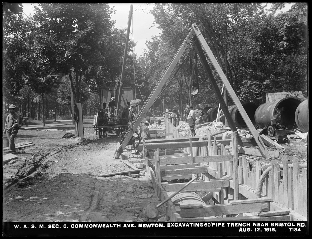 Distribution Department, Weston Aqueduct Supply Mains, Section 5, excavating 60-inch pipe trench in Commonwealth Avenue near Bristol Road, Newton, Mass., Aug. 12, 1915