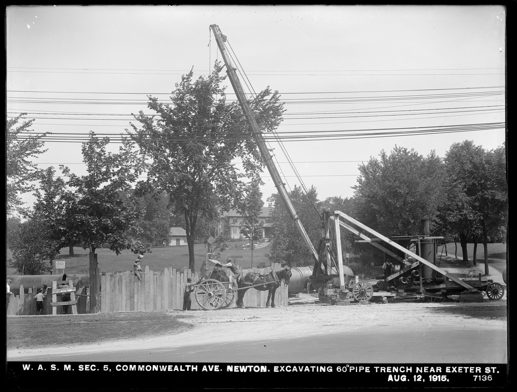 Distribution Department, Weston Aqueduct Supply Mains, Section 5, excavating 60-inch pipe trench in Commonwealth Avenue near Exeter Street, Newton, Mass., Aug. 12, 1915