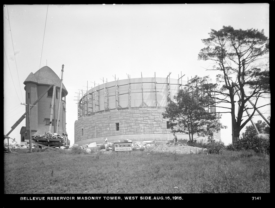 Distribution Department, Southern Extra High Service Bellevue Reservoir, west side of masonry tower, Bellevue Hill, West Roxbury, Mass., Aug. 16, 1915