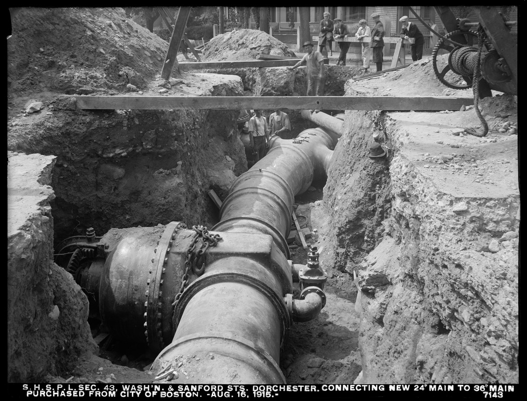 Distribution Department, Southern High Service Pipe Lines, Section 43, connecting new 24-inch main to 36-inch main at Washington and Sanford Streets, Dorchester, Mass., Aug. 16, 1915
