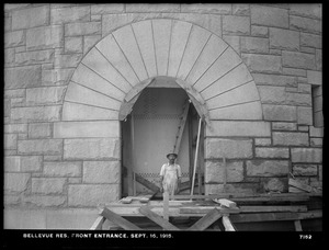 Distribution Department, Southern Extra High Service Bellevue Reservoir, front entrance to masonry tower, Bellevue Hill, West Roxbury, Mass., Sep. 16, 1915