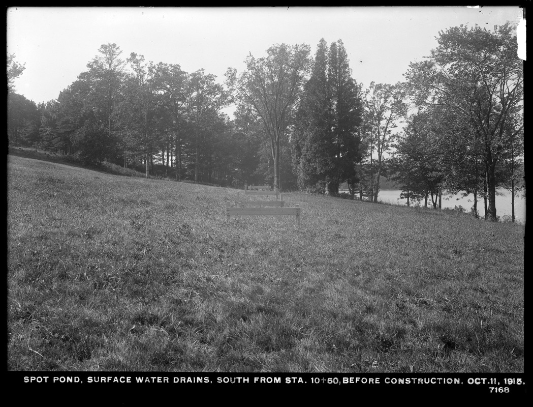 Distribution Department, Low Service Spot Pond Reservoir, surface water drains, south from station 10+50 before construction, Stoneham, Mass., Oct. 11, 1915