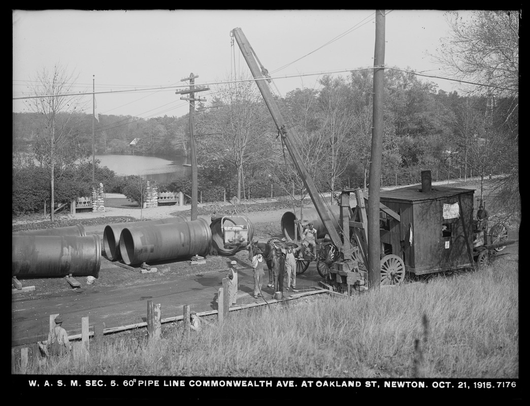 Distribution Department, Weston Aqueduct Supply Mains, Section 5, 60-inch pipe line in Commonwealth Avenue at Oakland Street, Newton, Mass., Oct. 21, 1915