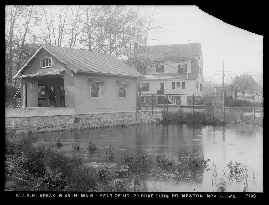 Distribution Department, Weston Aqueduct Supply Mains, break in 48-inch main at rear of No. 29 Brae Burn Road, Newton, Mass., Nov. 6, 1915