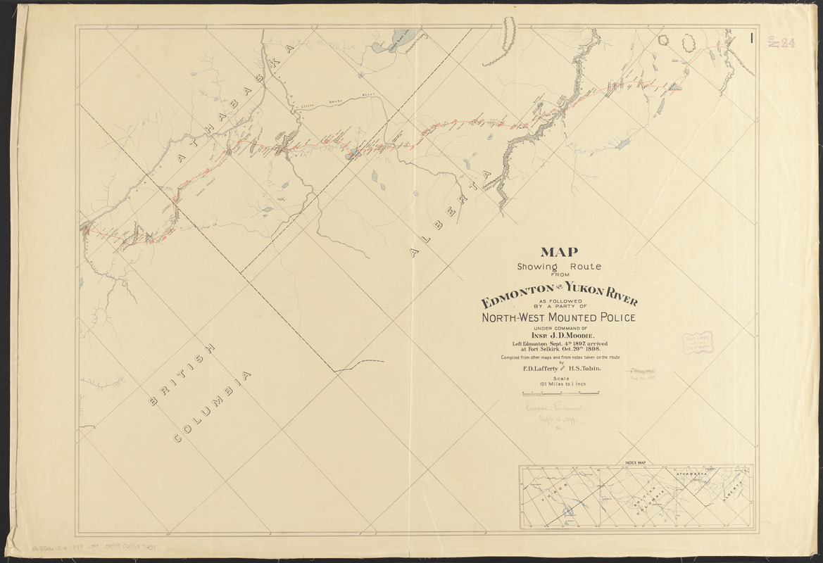 Map showing route from Edmonton to Yukon River as followed by a party of North-West Mounted Police under command of Insp. J.D. Moodie