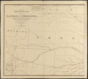 Preliminary post route map of the states of Kansas and Nebraska with adjacent parts of Missouri, Iowa, Dakota, Colorado, Texas, and Indian Territory, showing post offices, with the intermediate distances between them and mail routes in operation on 1st Aug. 1883