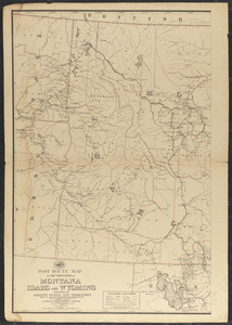 Post route map of the territories of Montana, Idaho, and Wyoming with parts of adjacent states and territories showing post offices with intermediate distances between them and mail routes in operation on 1st August 1883