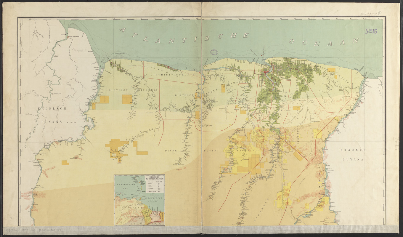 Kaart van Suriname naar de opmetingen van J.F.A. Cateau van Rosevelt en J.F.A.E. van Lansberge, aangevuld tot 1898 met die van
