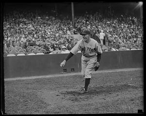 New York Yankees pitcher Johnny Broaca warming up at Fenway Park