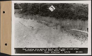 View showing tire marks of M.D.C. 101 at edge of road after accident of 8/2/48, Route #122, Barre, Mass., Aug. 3, 1948