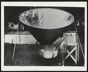 New Instrument That Records Sky Temperatures. Dr. C. H. Heck of North Carolina State College is shown above with a new weather instrument that he has developed, one that is so delecate that it can measure the temperature of drops of water a mile above the earth. By concentrating the light of the sky on a "cascade" of mirrors, according to Dr. Hecht it is possible to detect changes in temperature in the upper atmosphere, and to use such changes to predict the weather in the following 24 hours.