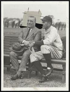 Yankee Club Owner and Manager Colonel Jacob Ruppert, owner of the New York Yankees, and Manager Bob Shawkey at the squad's training camp in St. Petersburg, Florida, March 7. The day after the above photo was taken Colonel Ruppert signed Babe Ruth, holdout slugger, at $160,000 for two years.